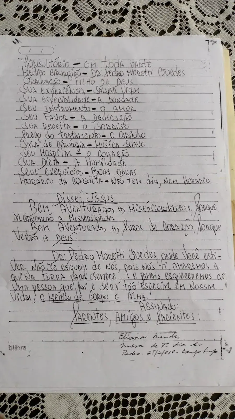 Folha de caderno manuscrita com a homenagem lida na missa de 7º dia de Pedro, em 25 de fevereiro de 2010, no Campo Limpo