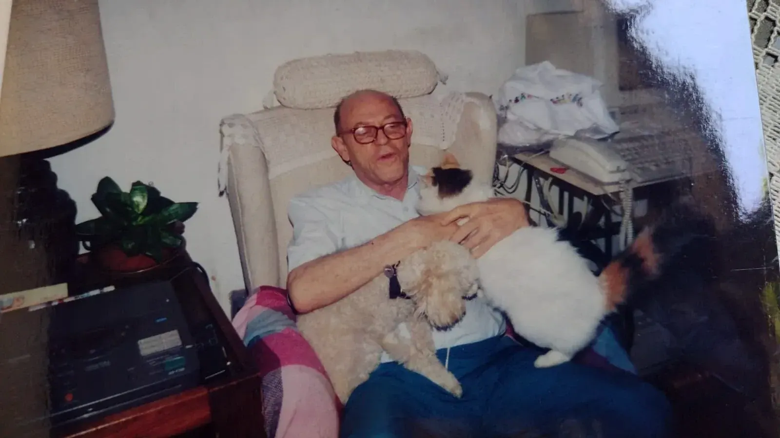 Pedro sentado em uma poltrona com um cachorro pequeno e um gato no colo